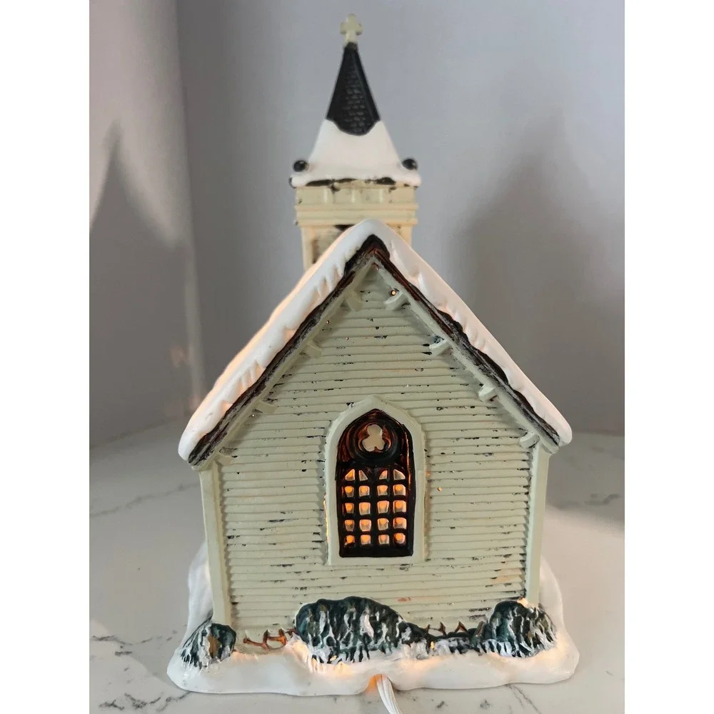 Vintage Style Lighted Christmas Village Church Snow‎ Covered Winter Decor White
